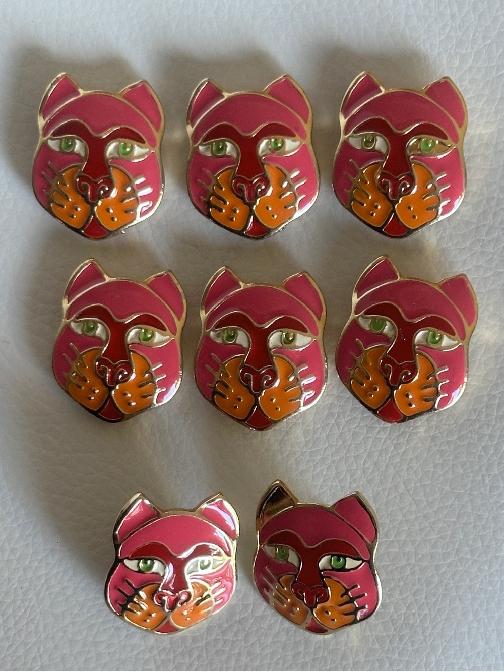 Vintage‎ Edgar Berebi Pink Enamel Cat Button Covers & Earrings 1980s 8 Pc Set